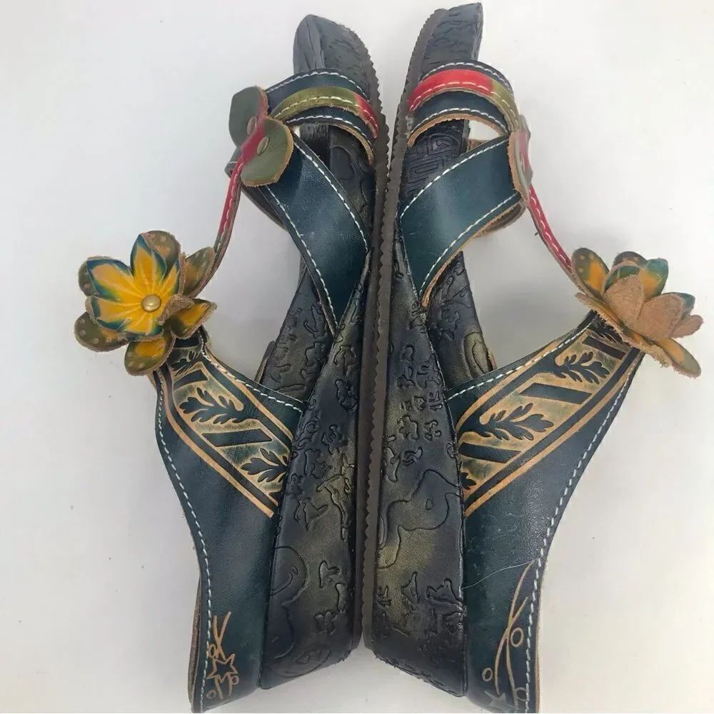 Spring Step Tooled Leather Colorful Flower Slip On Wedge Sandals - Picture 4 of 13